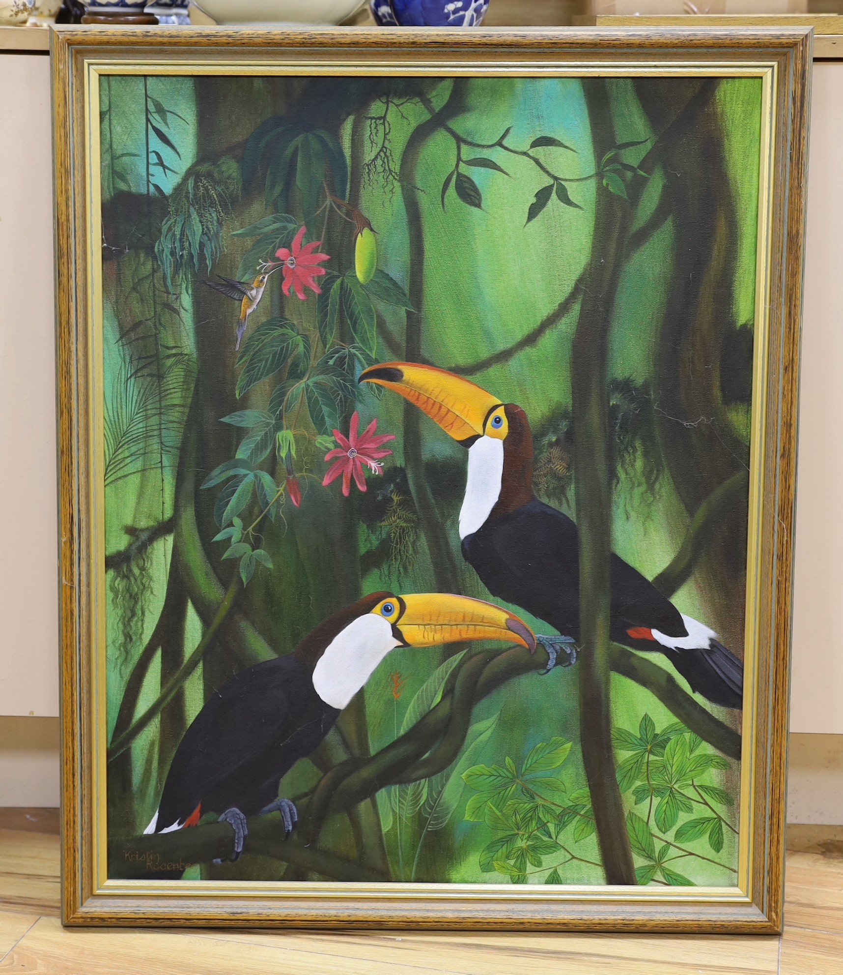 Kristin Rosenbeg, oil on canvas, 'Toucans', signed, 75 x 60cm